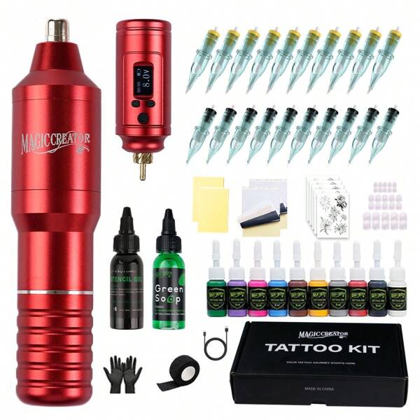Tattoo Set Samurai Tattoo Maschine Kabellos, inklusive kabellose Stromversorgung/Tattoonadeln/Übungshaut/Tinte, tragbares Tattoo Set geeignet für Tattoo-Anfänger und -Enthusiasten, Tattoo Werkzeug Set