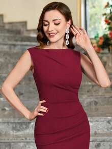 MIUSOL Ruched Zipper Back Slit Hem Bodycon Business Dress Elegant Summer - Red - View 8