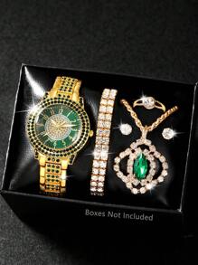 Conjunto de reloj para dama de 7 piezas es magnífico y de moda. Presenta una esfera redonda completamente cubierta de diamantes, una caja y correa también completamente cubiertas de diamantes. Es un lujoso reloj de cuarzo con un juego de joyería que incluye un collar colgante, aretes, anillo y brazalete, adecuado para uso diario, temporada de regreso a clases, temporada de graduación, Acción de Gracias, parejas, el mejor regalo. Caja de reloj no incluida.