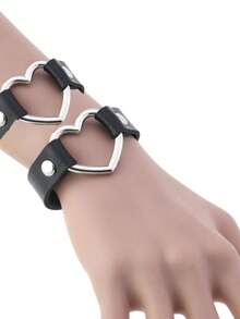 1pc Simple Cute Hollow Heart Shaped Leather Bracelet, Punk Goth Style Accessory - Black - View 5