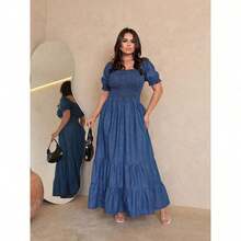 Vestido Longo Jeans Elaxtex Com Manga - Lavagem Média - Visão 1