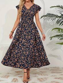 Floral Print Drawstring Waist A-Line Dress With Ruffle Hem Short Sleeve, Vacation Style - Navy Blue - View 3