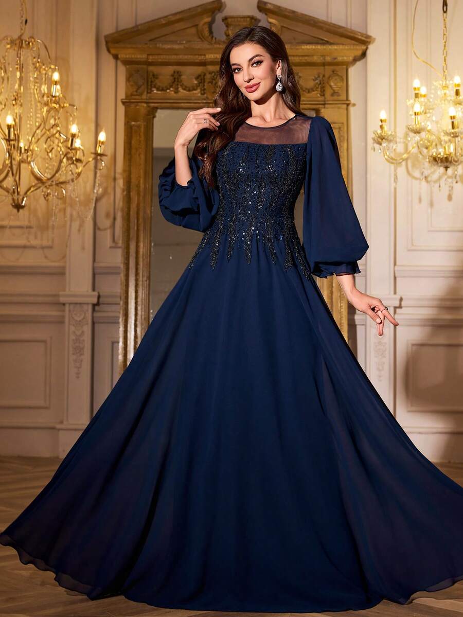 SUPGIR 女士圆领灯笼袖珠饰亮片雪纺修身晚礼服 - 藏蓝色 - 查看 1