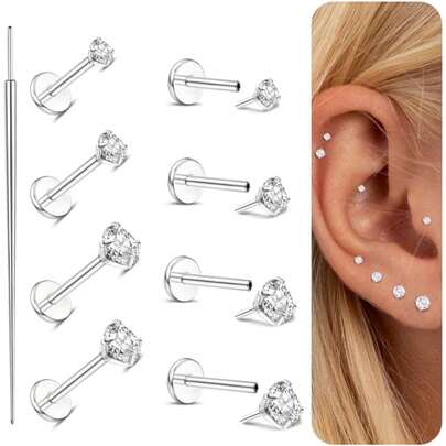 AVYRING 9PCS Stainless Steel Threadless Flat Back Earrings Studs Hypoallergenic Nose Rings Studs 20G/18G/16G Labret Studs Lip Ring Push In Helix Tragus Medusa Monroe Piercing Jewelry