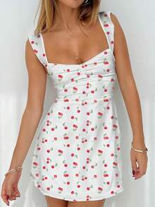 Ditsy Floral Cute Girl's Adjustable Ruffle Strap Side Invisible Zipper Criss-Cross Back Tie Mini Dress, Pink Flower, Suitable For Spring/Summer Vacation