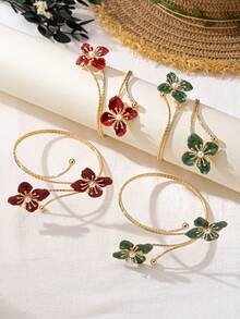 1 套油滴花手镯和手链开口袖口套装，红色和绿色简约优雅设计，时尚百搭，适合女性日常、派对、婚礼场合 - 彩色 - 查看 2