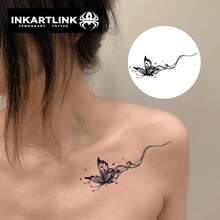 INKARTLINK 1 件蝴蝶和草本汁图案临时纹身贴纸，假纹身，纹身贴纸，神奇纹身，持续 15 天，半永久纹身，逼真的假纹身，持久 1-2 周，适合手臂 - 黑色 - 查看 4
