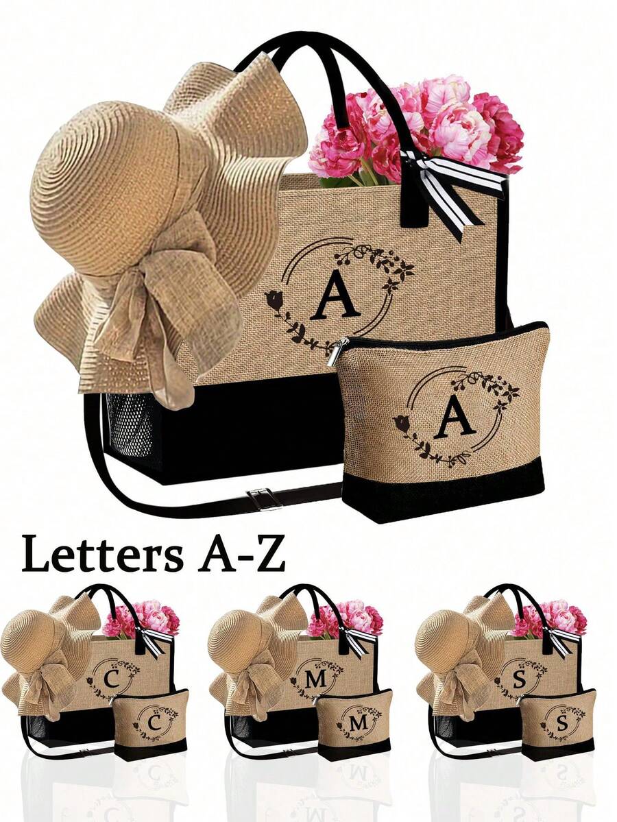 3pcs/Set Women'S Beach Tote Bag With Shoulder Straps,With Women'S Beach Hat And A Makeup Bag,Letter A-Z Beach Accessories Bag,Personalized Gift Bag With Side Pockets, Beach Bag With Scarf, Women'S Khaki Wave Beach Sun Hat - Khaki - View 1