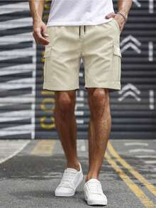 Men's Multi-Pocket Cargo Shorts, Summer Casual Drawstring Waist Shorts - Khaki - View 3