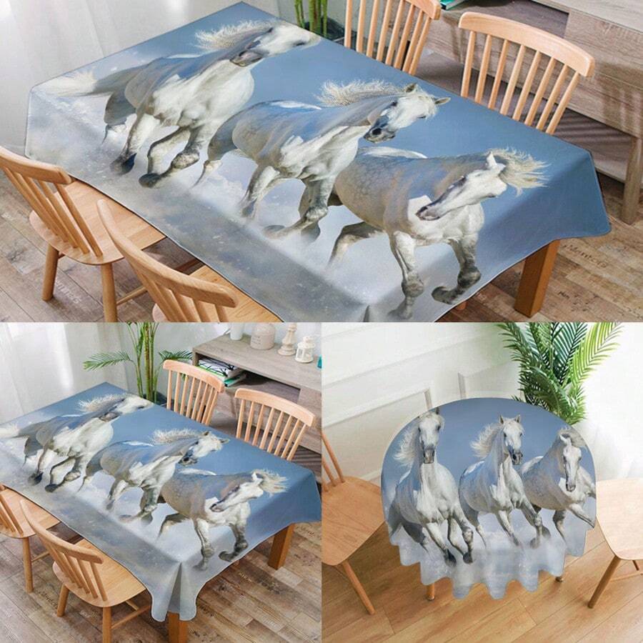 1 件奔跑白马系列印花桌布，现代涤纶矩形/圆形防水桌布，数码印花，适用于客厅、家居、户外餐厅、小圆桌 - 彩色 - 查看 1