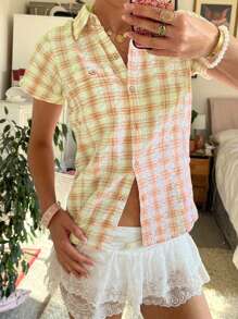 Women's Button Down Shirt Casual Contrast Color Plaid Lapel V Neck Short Sleeve Tops For Summer