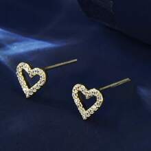 1 对 925 纯银方晶锆石心形耳钉，简约时尚，优雅百搭，适合女性日常、派对、约会