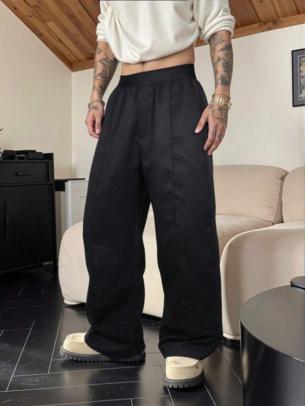 Yemwry Men's Solid Color Pocket Design Loose Fit Casual Pants - Laidback And Stylish | Black Wide Leg Casual Pants, Embodying A New Street Style, Fashionable And Versatile! Easily Capture The Urban Chic Look