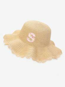1pc Kids Ditsy Floral & 26 Letter Personalized Straw Sun Hat, 1pc Lace Trim Straw Hat For Girls To Wear Outdoors, Picnics, Beach, Vacation - Beige - View 6