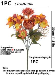 1/3 浪漫丝绸玫瑰、绣球花和牡丹花束，人造花卉装饰，塑料花，手持花束，户外装饰，适用于婚礼/家居/卧室/客厅/餐桌/新娘捧花/母亲节/秋季装饰 - 橘黃色 - 查看 2
