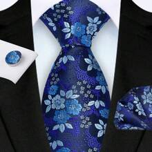3 Piece Set: 8cm Floral & Patterned Necktie, Handkerchief, And Cufflinks Men's Necktie Set, High Quality Classic Business & Casual Tie Set, Men's Wedding Accessories, Family, Christmas, Party Gift