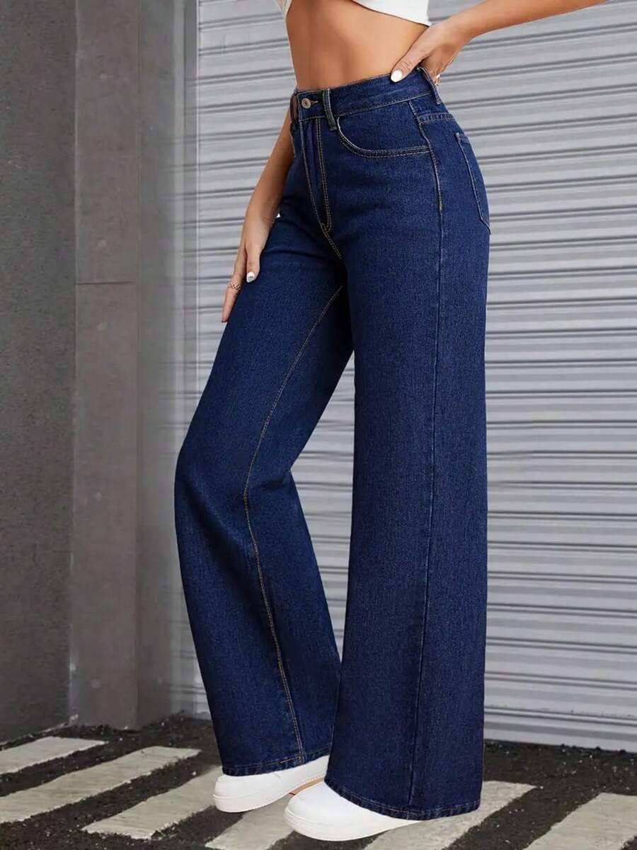 Jeans de pierna ancha de ajuste relajado de cintura alta para mujer, tela mezcla de poliéster y viscosa, estilo urbano, lavable a máquina, largo, uso para las cuatro estaciones - Azul - Ver 1