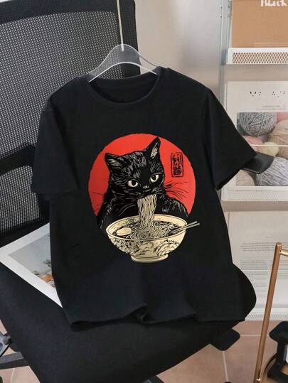 Tween Boy Cartoon Ramen And Cat Print Crew Neck T-Shirts Summer Boy's Casual Tee Soft Tops
