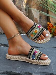Sandalias planas con estampado retro para mujer, pantuflas de verano ligeras, zapatos de playa antideslizantes para mujer para vacaciones de verano, citas, fiestas - Negro - Ver 3
