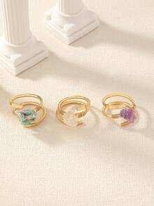 3 Pcs Raw Stone Amethyst Crystal Decor Statement Rings Set For Women - Multicolor - View 2