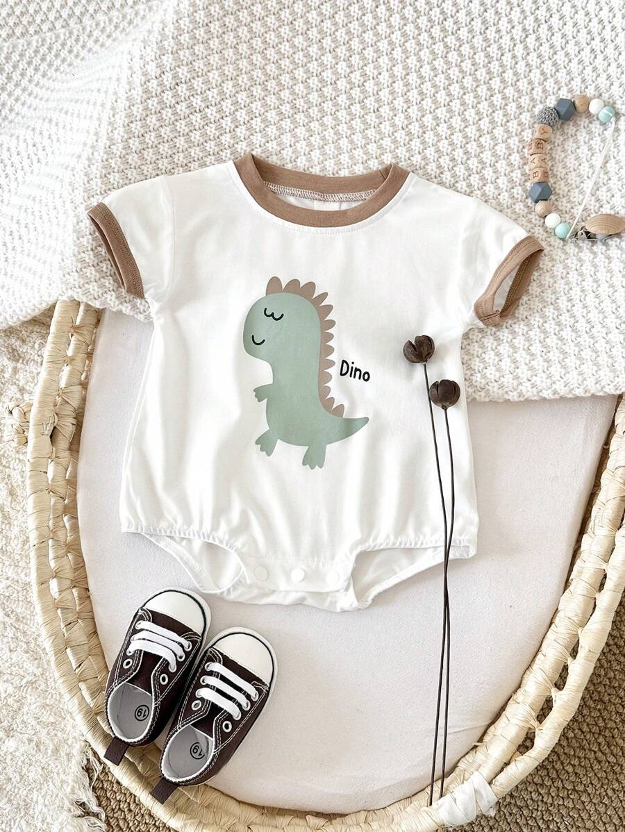 Newborn Baby Boy/Girl Cute Cartoon Dinosaur & Letter Print Short Sleeve Button-Up Romper, Summer