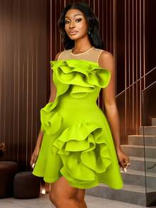 A Line Party Dresses Sleeveless Sheer Mesh Patchwork Asymmetrical Ruffles Stylish Event Birthday,Outfit For Date,Party,Wedding Dress,Bridesmaid Dress,Graduation Dress,Wedding Guest - Green - View 4