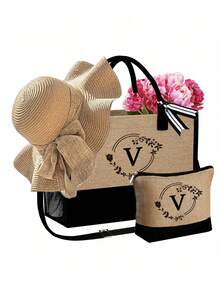 3pcs/Set Women'S Beach Tote Bag With Shoulder Straps,With Women'S Beach Hat And A Makeup Bag,Letter A-Z Beach Accessories Bag,Personalized Gift Bag With Side Pockets, Beach Bag With Scarf, Women'S Khaki Wave Beach Sun Hat - Khaki - View 15