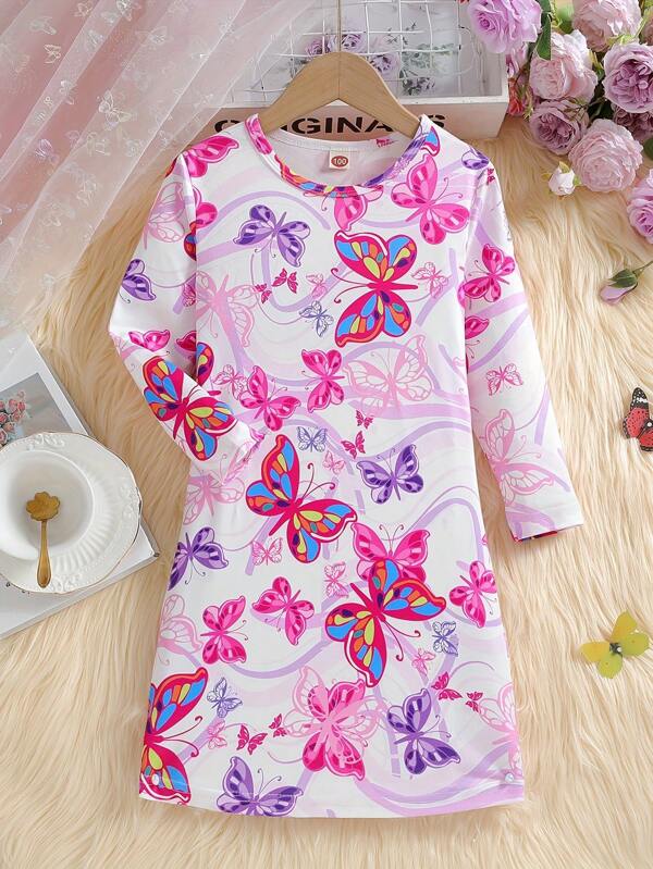 1pc Fashionable Knit Fabric Long Sleeve Nightgown, White Butterfly Print, Suitable For Spring/Summer/Autumn