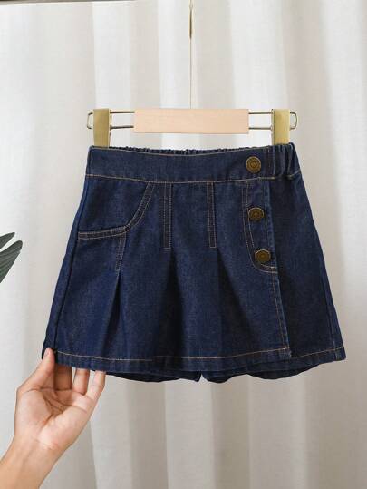 Marinblå denimculottes för ung flicka, vintageveckade shorts, moderiktig ny stil