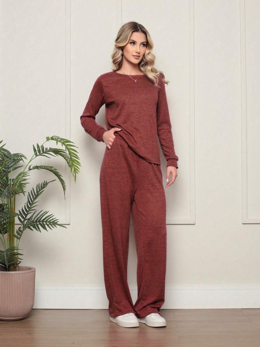 Women's Basic Blouse And Pants Set - Terracota - View 1