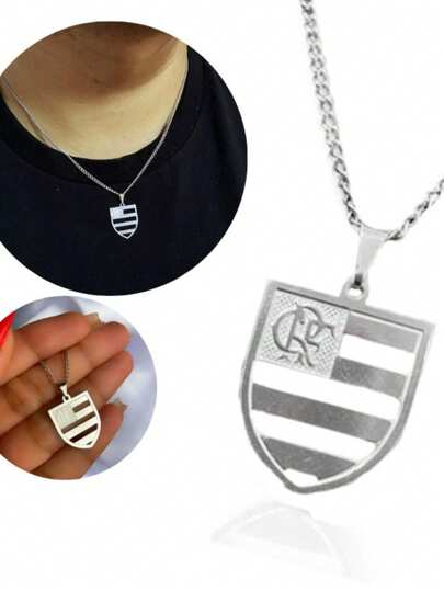 Cordão Feminino Masculino Prata Grumet 45cm Pingente Flamengo Aço Inox Antialérgico