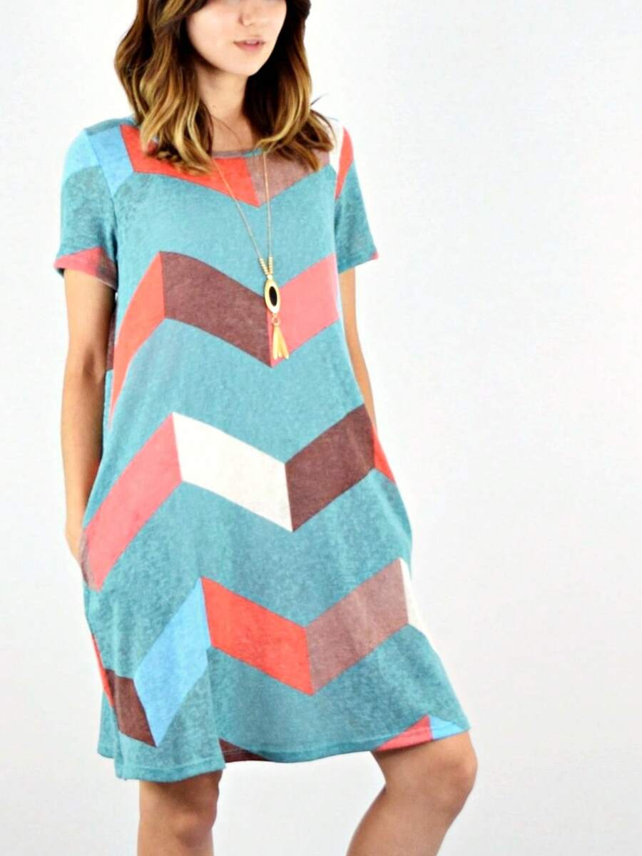 Boho Retro Rayon Cool Soft Summer Cuff Short Sleeve Crew Neck T Shirt Mini Dress Tunic With Pockets - 青色 - 查看 1