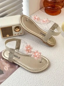 1 par de sandalias planas para niños con diseño de flor grande, estilo princesa de moda y suela antideslizante, en color amarillo. Sandalias abiertas de verano para niños de 3 a 12 años, para interior y exterior, de vacaciones