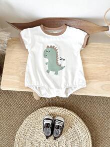 Newborn Baby Boy/Girl Cute Cartoon Dinosaur & Letter Print Short Sleeve Button-Up Romper, Summer