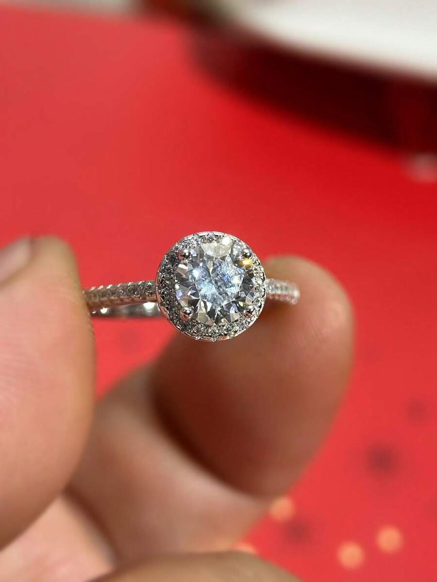 1CT Moissanite S925 Srebrny Okrągły Pierścionek Damski, Elegancki Design Ślubny Pierścionek Zaręczynowy, Prezent Na Dzień Matki