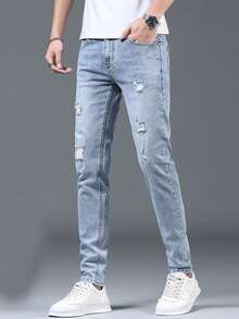 Vaqueros rotos para hombre - Celeste - Ver 4