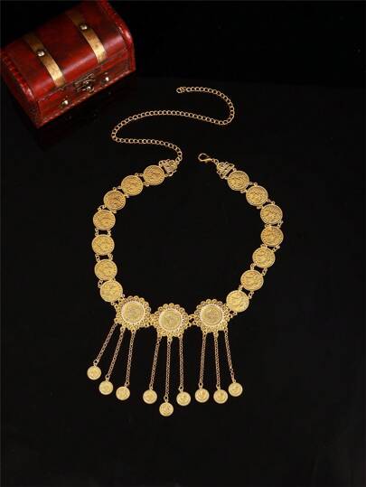 Cinturón de cintura de metal estilo marroquí para mujeres, con forma floral, grabado al estilo palaciego, incrustado de strass con colgante de moneda, longitud ajustable, cadena de cintura árabe femenina para bodas, fiestas y festivales, joyería y regalos