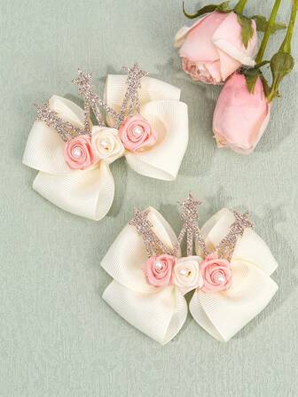 2 件女孩花冠发饰闪光皇冠蝴蝶结鳄鱼夹可爱甜美花朵发夹优雅女孩辫子蝴蝶结发夹节日礼物儿童发饰