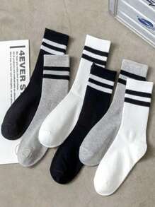 3/6pairs Women Striped Pattern Casual Crew Socks, For Daily Life, Fall Socks