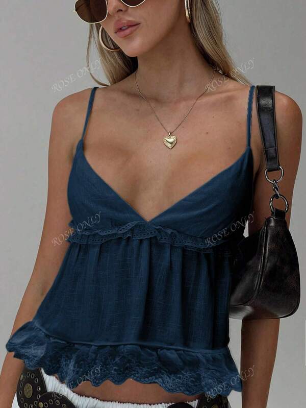 Women's Boho Navy Blue Linen Casual Sexy V-Neck Camisole Tank Top, Suitable For Music Festival Concert Coachella Party, Hot Girl Spring/Summer Young Girl Daily Wear, Rave Outfits
