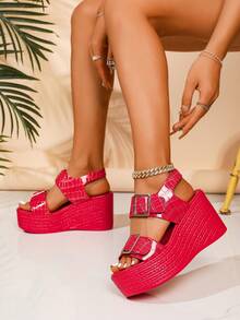 Sandali con zeppa e plateau, scivolo, punta aperta e tacco alto da donna, rossi, di moda, versatili, antiscivolo, con suola spessa, scarpe estive