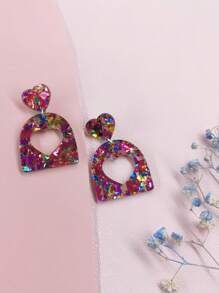 1 Pair Of [Retro Sweet] Geometric Love Sparkling Pink Earrings For Women With Exaggerated Hollow Out Earrings, Exquisite And Sweet Earrings, Elegant Long Earrings