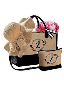 3pcs/Set Women'S Beach Tote Bag With Shoulder Straps,With Women'S Beach Hat And A Makeup Bag,Letter A-Z Beach Accessories Bag,Personalized Gift Bag With Side Pockets, Beach Bag With Scarf, Women'S Khaki Wave Beach Sun Hat - Khaki - View 35