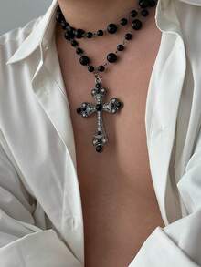 2 件套仿珍珠项链男士时尚嘻哈风格多层串珠颈链项链配饰