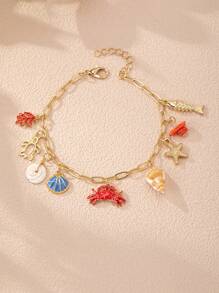 1 Stück Armband mit Seestern-, Muschelschalen- und Sardinen-Charm für Damen, Sommer Urlaubsstrand Schmuck, Geschenk für Frauen
