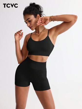 TCVC Damen nahtloses Mode Einfarbig Hohe Elastizität Nackt Gefühl Atmungsaktiv Sport-BH + Shorts 2 Stücke Set, Hoher Halt Anti-Schock geraffte Polsterung Sexy Spaghettiträger Schöner Rücken, Hoher Bund Bauch-Kontrolle Pfirsich Po Einfarbig Enganliegend Vielseitig Radlerhose, geeignet für Laufen, Yoga, Gym, Outdoor, Lässig