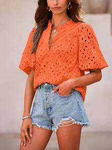 Women's Summer Top Fashion Casual Lantern Short Sleeve V-Neck Button Hollow-Out Lace Embroidery Shirt - trái cam - Xem 4