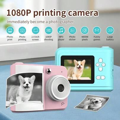 Cámara de impresión instantánea con pantalla de 2.4" - Impresora fotográfica portátil multifunción, calidad de 1080P, batería recargable de ión-litio de 1300mAh, doble alimentación por USB, impresión de etiquetas, enfoque automático e impresión instantánea - Adecuada para ocasiones especiales y regalos