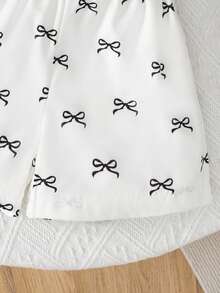 2pcs/Set Young Girl Fashion Cute Ruffle Off-Shoulder Tank Top + Rose Print Shorts - Black - View 5