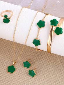 Set de 6 piezas de joyas estilo coreano con flores de la suerte, incluyendo aretes, collar, pulsera y anillo. Conjunto de joyas de moda adecuado para el Día de San Valentín, uso diario y regalos de festivales.